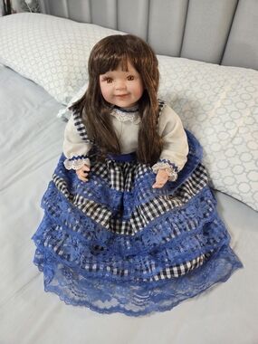 Porcelain Doll in Blue Lace Gingham Dress